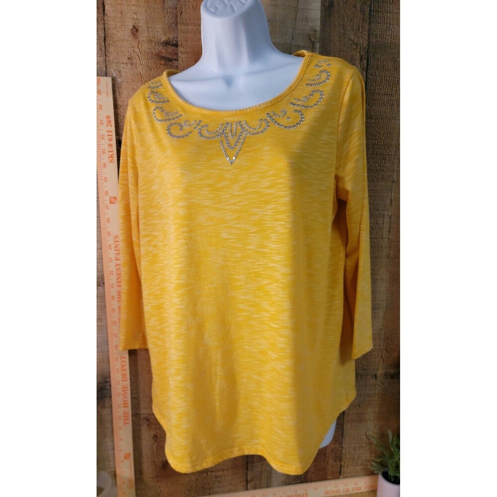Silverwear Women’s M Knit Blouse 3/4 Sleeves Yellow Top Silver Studded Accents